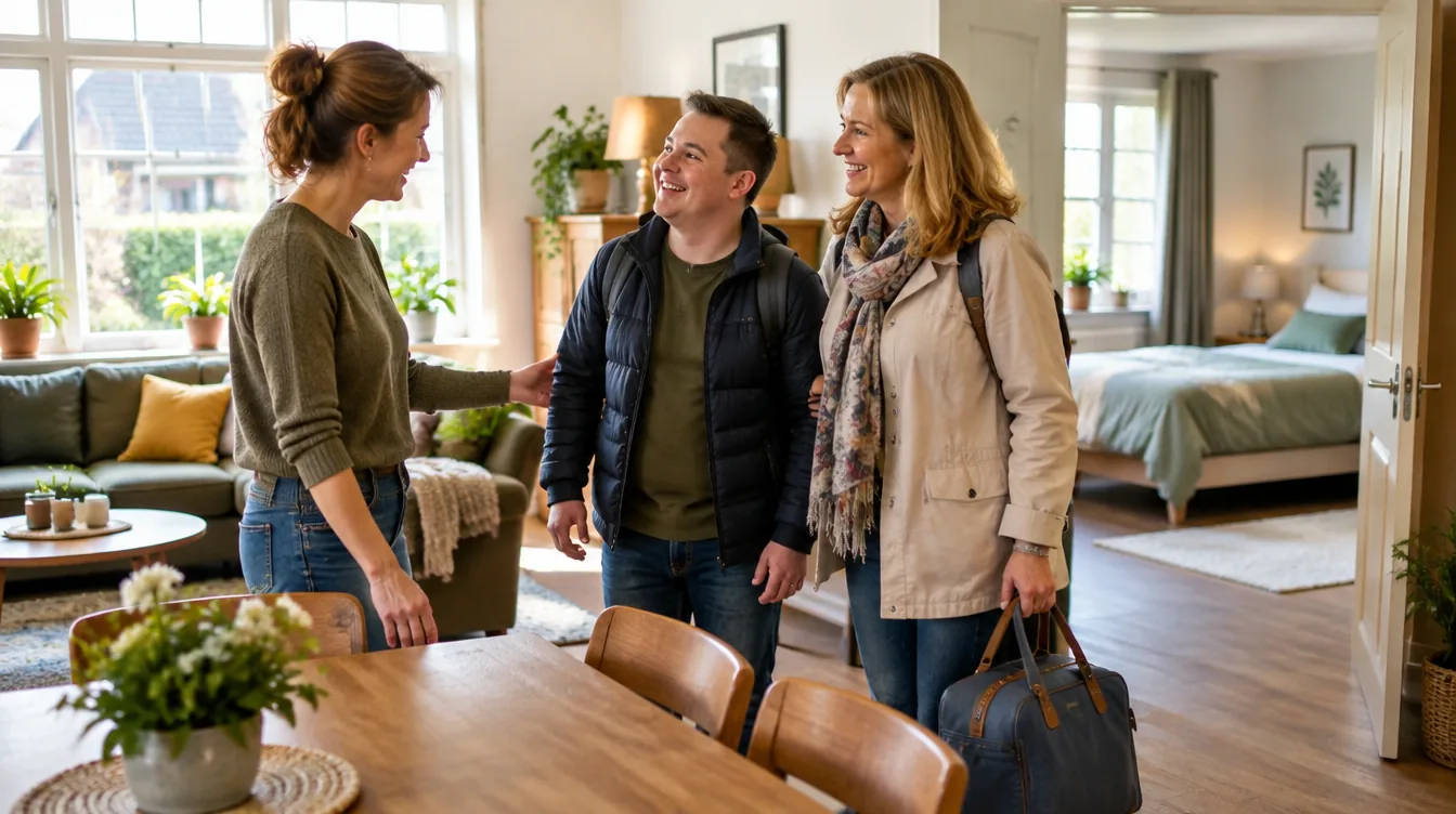 Zorgverlener verwelkomt een jongeman en zijn moeder met weekendtas in een warm logeerhuis voor logeeropvang met PGB