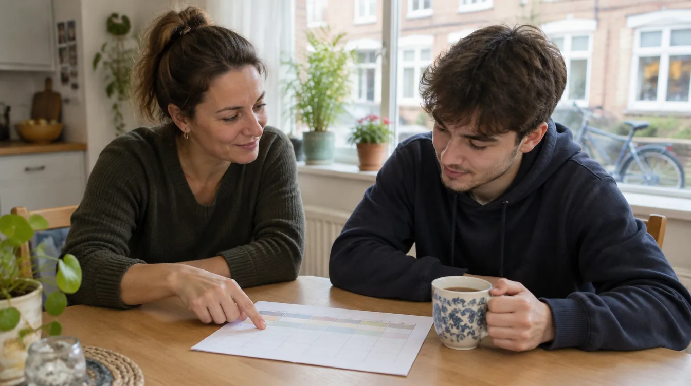 Begeleider bespreekt een weekplanning met een jongeman aan de keukentafel tijdens individuele PGB begeleiding