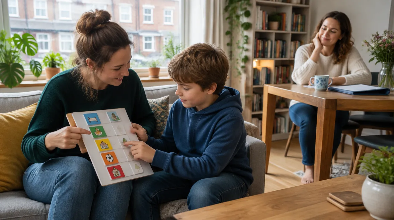 Jeugdbegeleider oefent thuis met een jongen een dagplanning met pictogrammen terwijl zijn moeder meekijkt bij PGB Jeugdwet