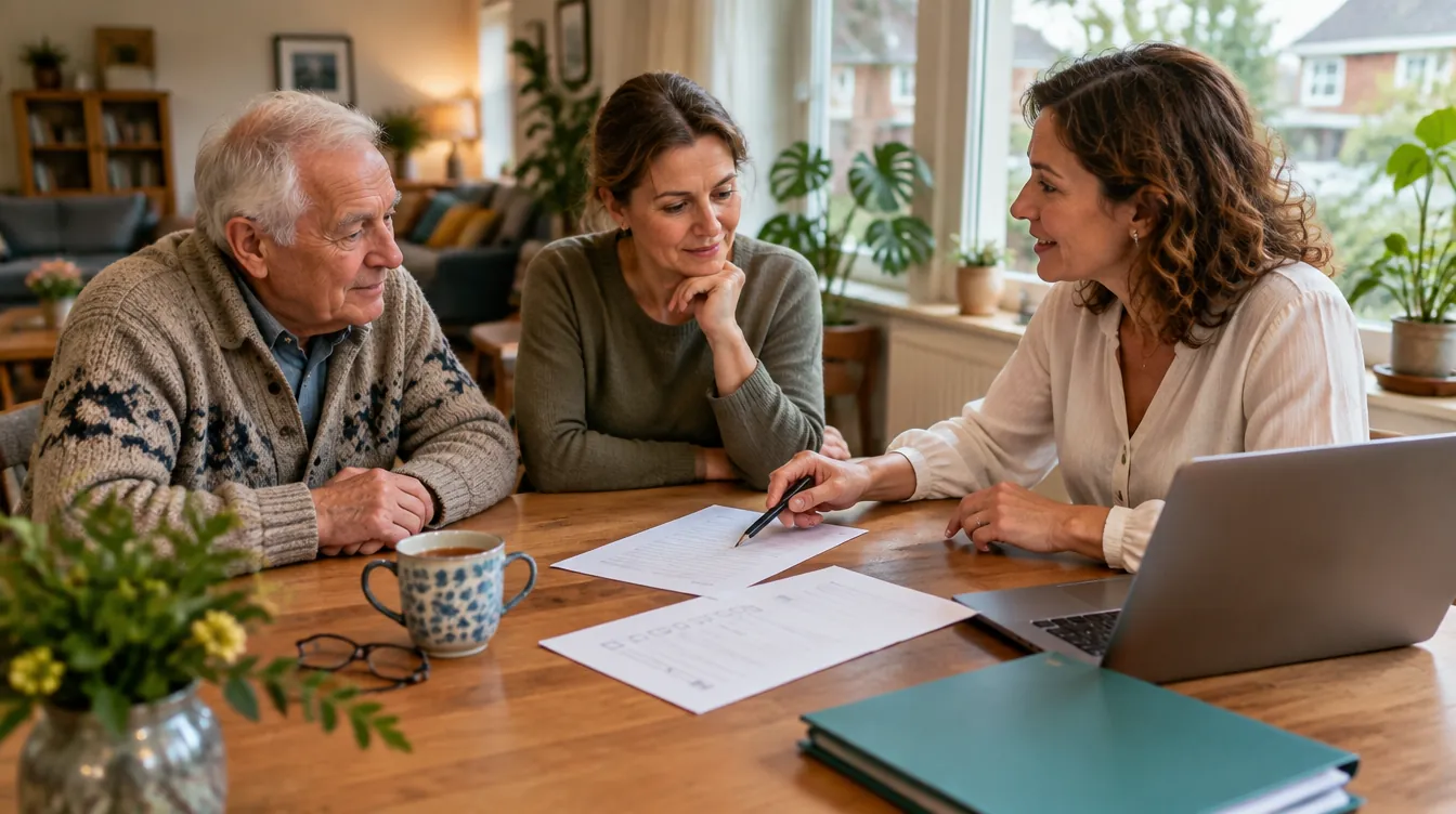 Cliëntondersteuner bespreekt PGB voorwaarden met een oudere man en zijn dochter aan de keukentafel