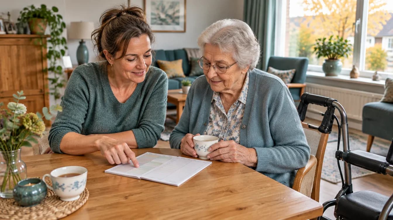 Hulpverlener bespreekt aan de keukentafel een weekplanning met een oudere vrouw met rollator bij PGB Wmo