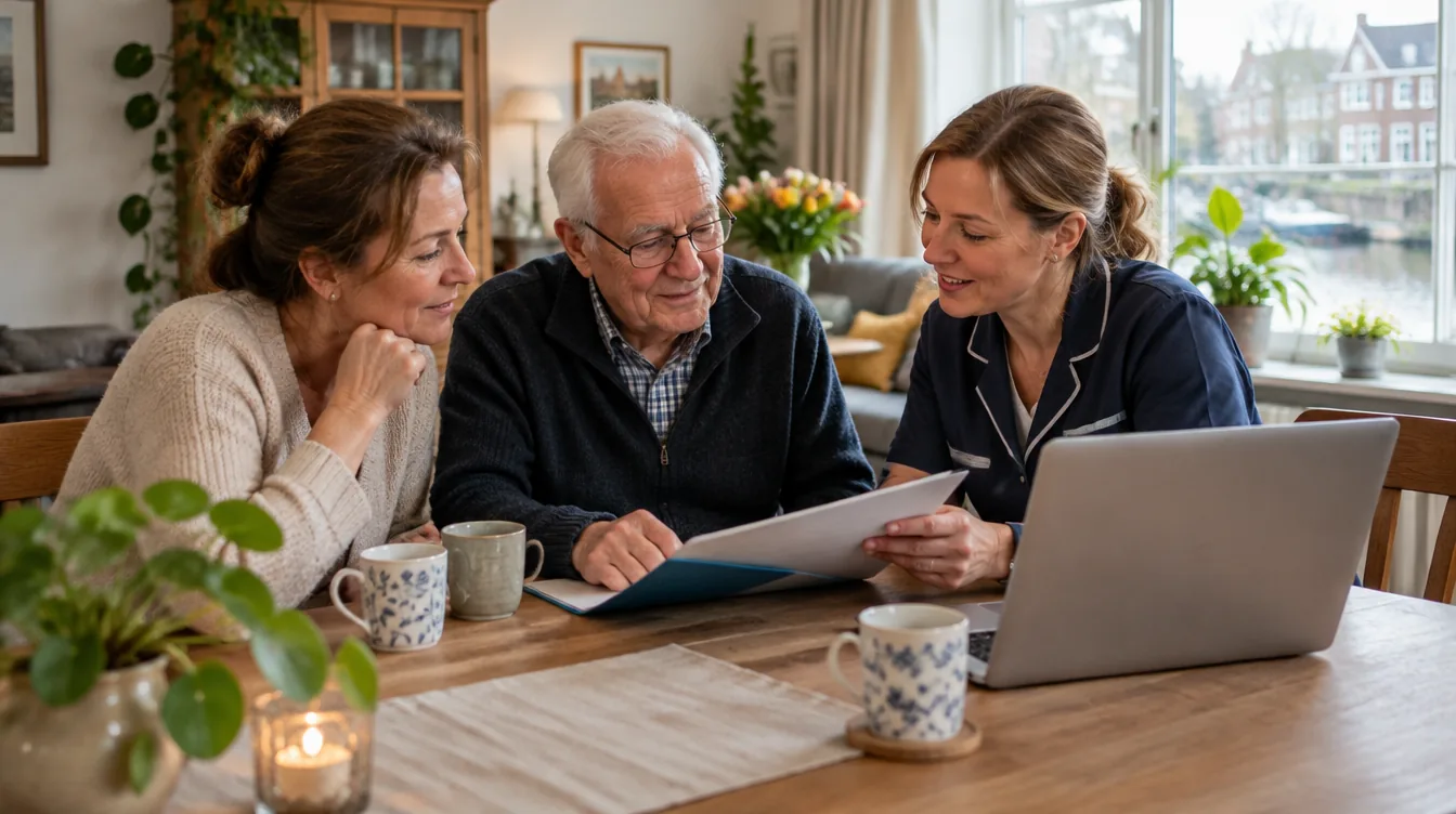 Dochter en vader bespreken met een zorgverlener aan de keukentafel hoe een persoonsgebonden budget (PGB) werkt