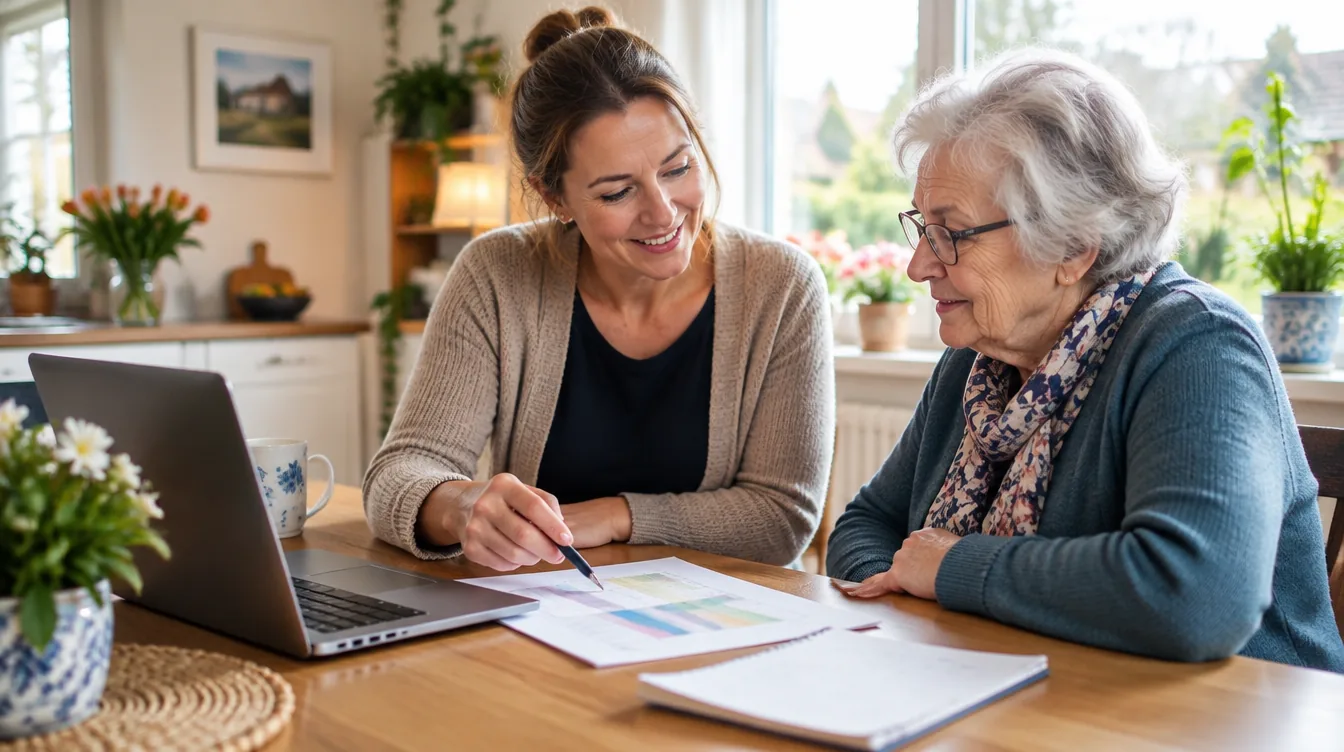 Zorgverlener en cliënt bespreken werken via PGB aan de keukentafel met papieren en laptop